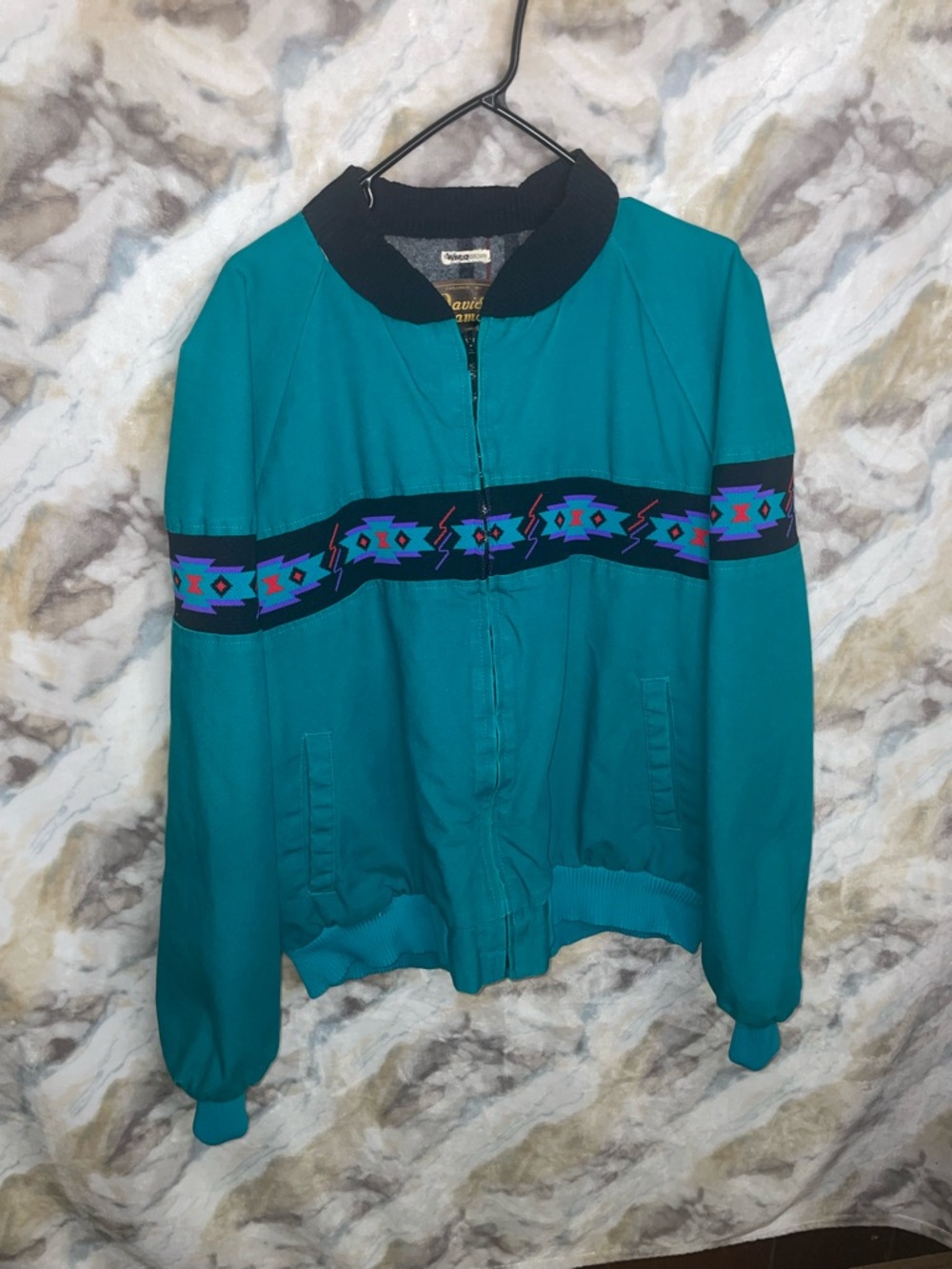 Vintage David James Teal Bomber Jacket with Geometric Trim